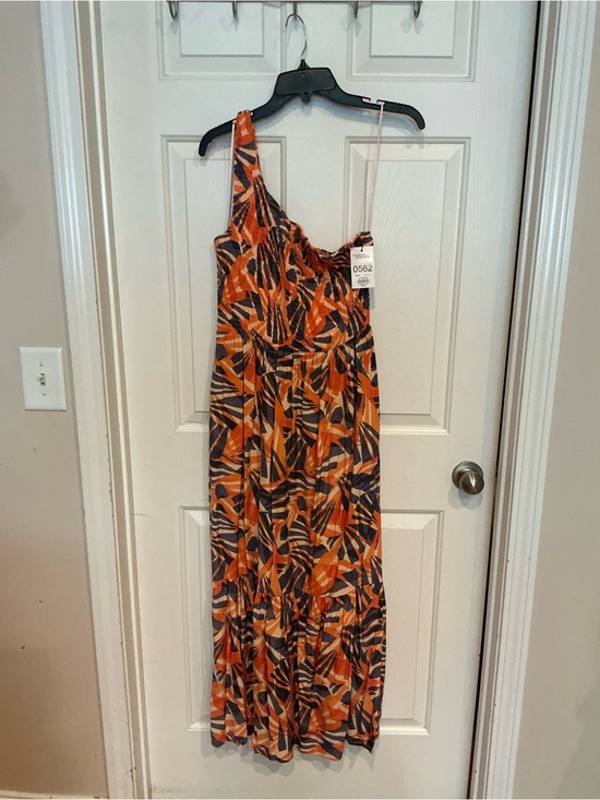 Nine West Dresses & Skirts - Nine West One-Shoulder Orange and Navy Printed Maxi Dress